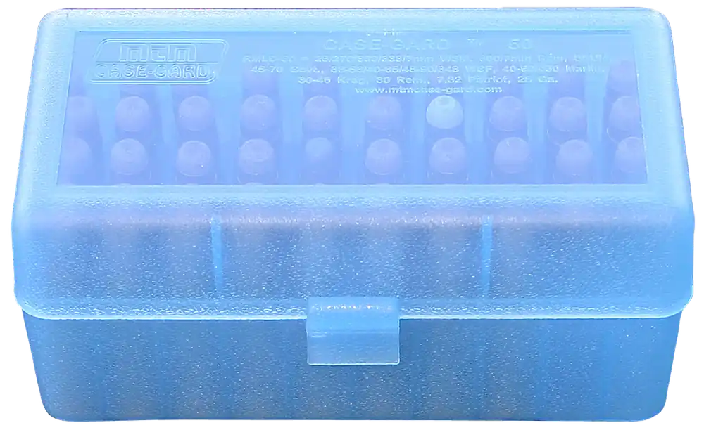 MTM Case-Gard R-50 Multi-Caliber Rifle/Shotgun Ammo Box - Clear Blue, 50 Rounds