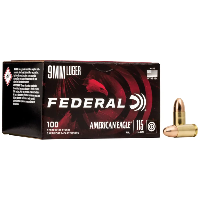 Federal American Eagle 9mm 115 Grain FMJ Ammunition - 100/500 Rounds