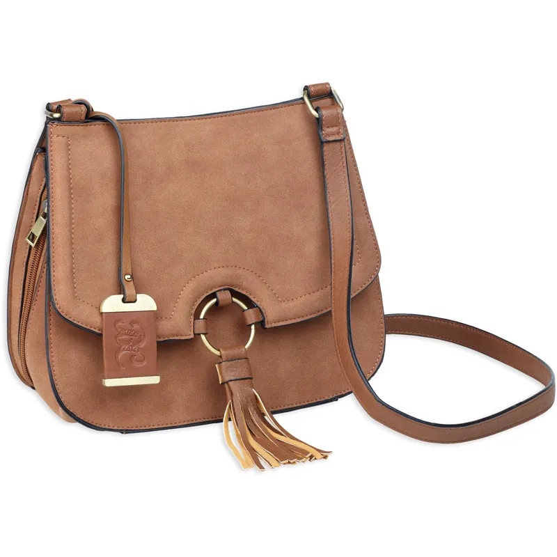 Camel Suede Bulldog Crossbody Purse