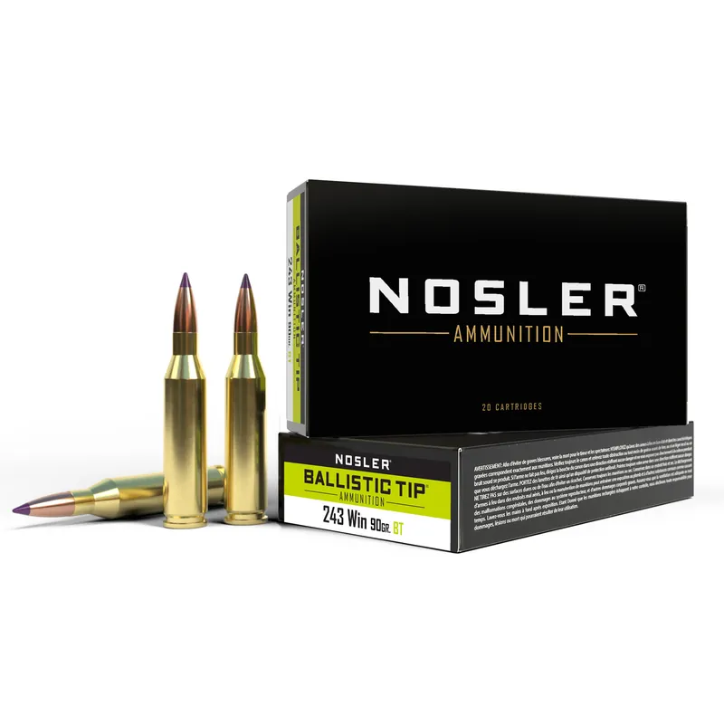 NOSLER .243 WINCHESTER 90 GRAIN BALLISTIC TIP AMMUNITION - 20 ROUNDS/200 ROUNDS