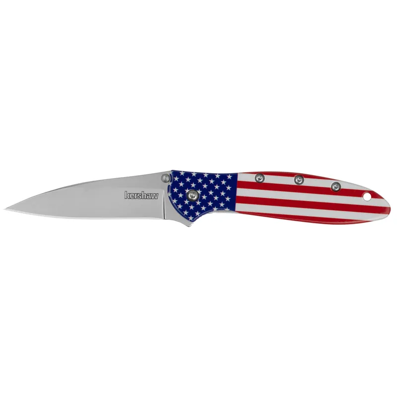 Kershaw Leek 3" Folding Knife with USA Flag Design and Sleeve
