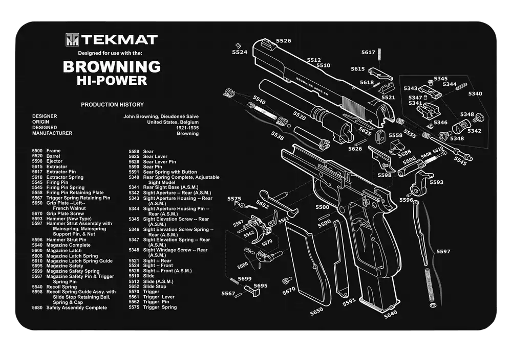 Browning Hi-Power Parts Diagram Cleaning Mat - 11"x17" Black/White Rubber