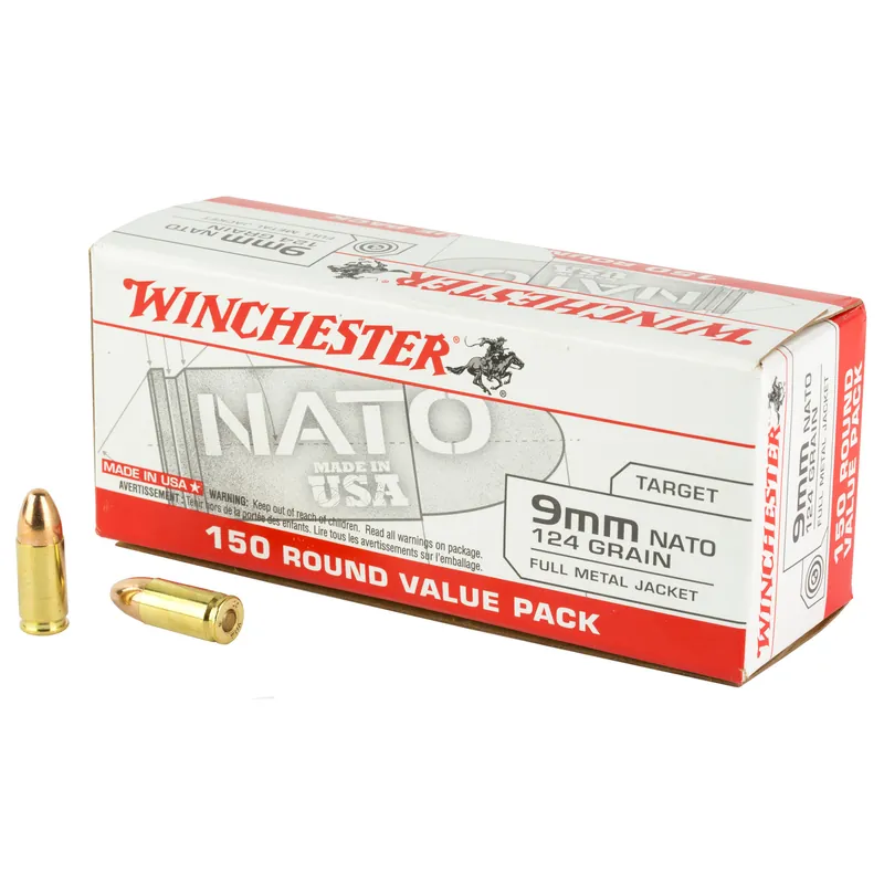 Winchester USA 9mm NATO 124 Grain FMJ Ammunition - 150 Rounds/750 Rounds