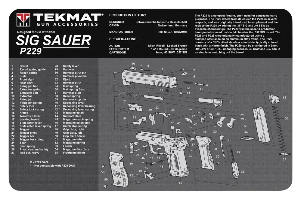 Sig Sauer P229 Cleaning Mat with Parts Diagram - 11"x17" Black/White Rubber