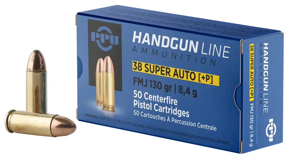 PPU PPH38SU 38 Super+P 130gr FMJ Handgun Ammo - 50 Rounds/Box, 10 Boxes/Case