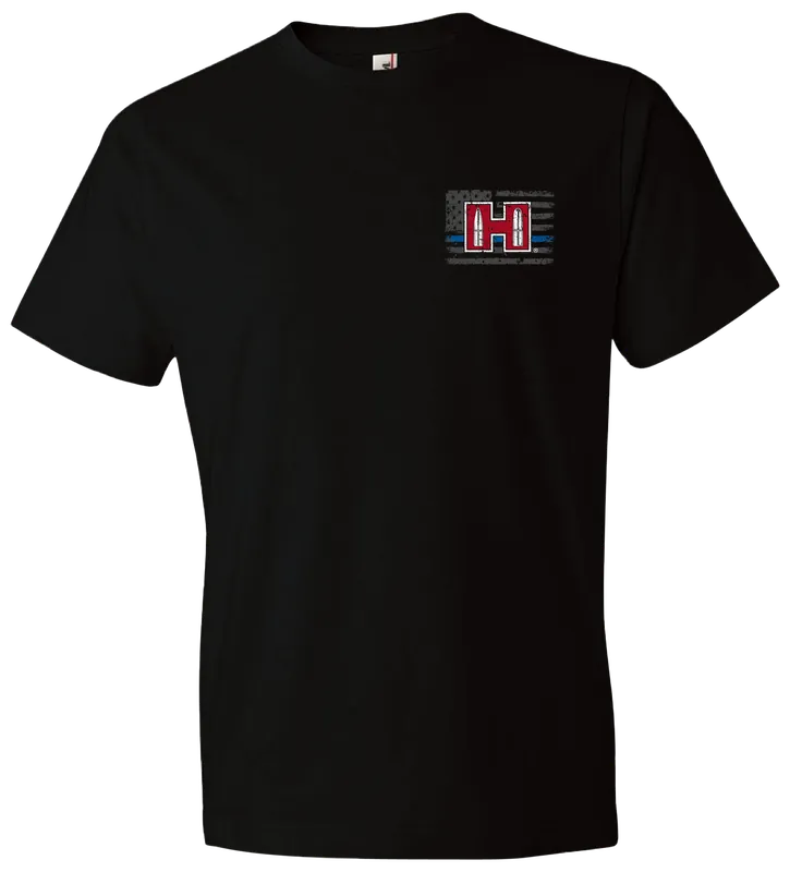 Hornady Gear 30765 POW Blue Line Black Cotton T-Shirt, Semi-Fitted 2XL