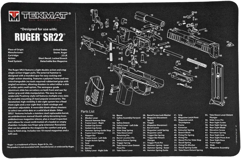 Ruger SR22 Cleaning Mat with Parts Diagram - 11"x17" Black/White Rubber