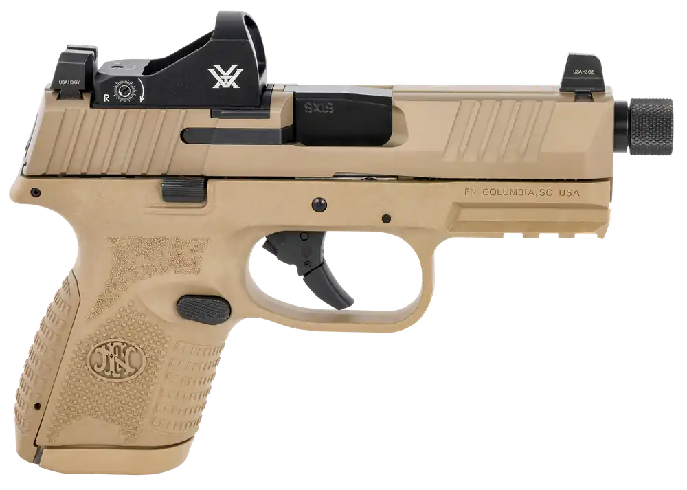 FN 509 Compact Tactical 9mm, 4.32" Threaded Barrel, FDE, Night Sights, Manual Safety, Viper Red Dot, 10+1 Capacity