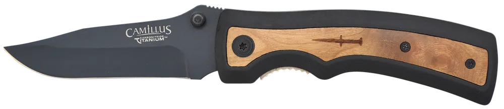 Camillus Slick 3" Folding Knife with Black Carbonitride Titanium Blade and Rubber/Wood Handle