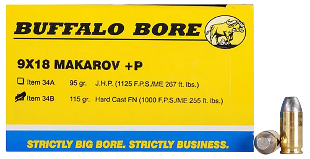 Buffalo Bore 9x18 Makarov +P 115gr Hard Cast Ammo - 20 Rounds