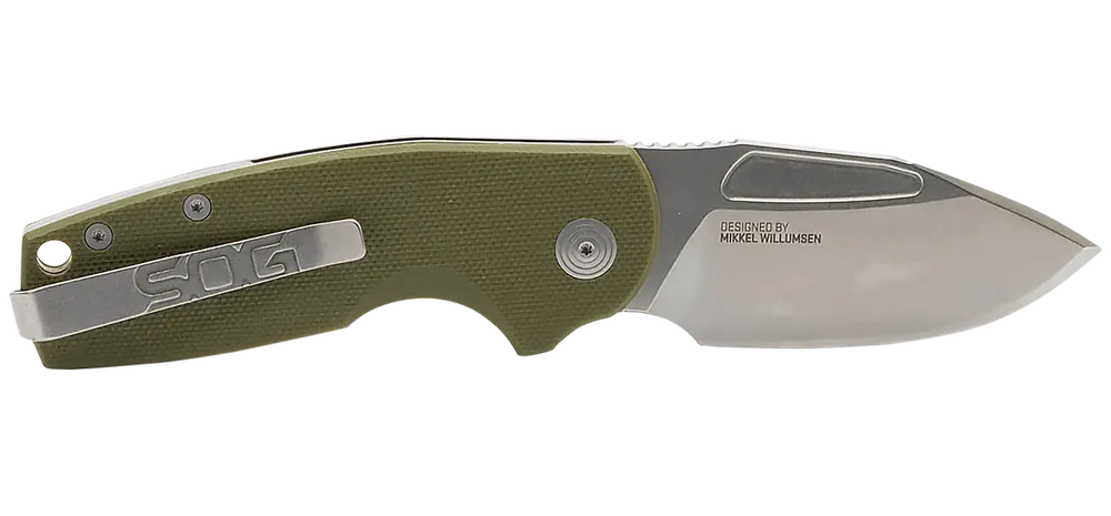 SOG Stout SJ Folding Knife with Stonewashed D2 Blade and Olive Drab G10 Handle