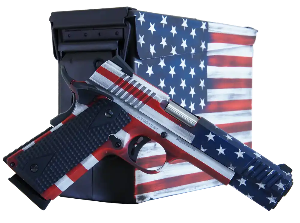Citadel M1911 Flag 45 ACP Pistol with Matching Ammo Can and Ambidextrous Features