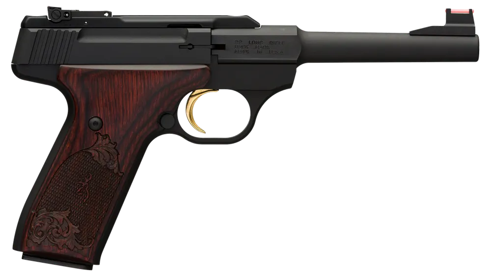 Browning Buck Mark Challenge .22 LR Pistol with Polished Steel Barrel and Engraved Rosewood Grip