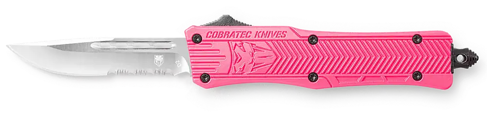 CobraTec CTK-1 Small OTF Knife with Pink Handle and Serrated D2 Blade