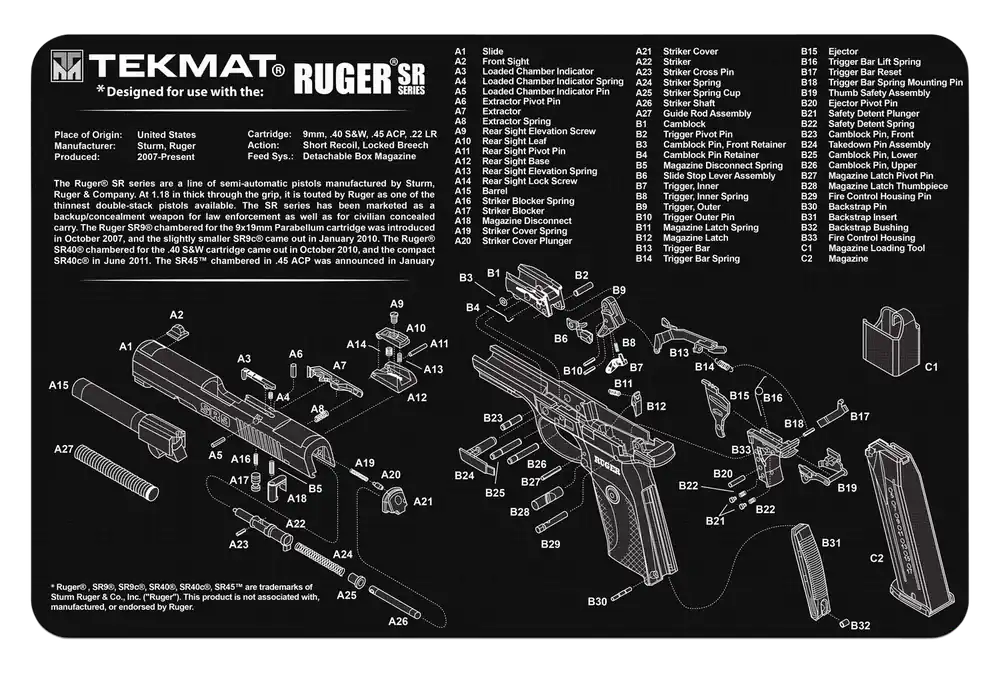 Ruger SR9 Cleaning Mat with Parts Diagram - 11"x17" Black/White Rubber