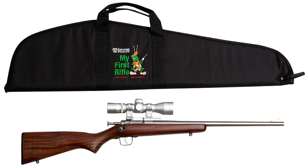 Crickett KSA2238BSC Youth Rifle Package: 22 Caliber, Stainless Steel, Walnut Stock, 4x32 Scope