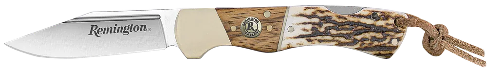 Remington 15654 Guide Lockback Folding Knife with Stag Bone Handle and Leather Lanyard