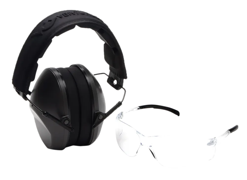 Pyramex VGCOMBO110 Low-Profile Kit: Scratch Resistant Clear Lens & Frame with Gray Earmuffs