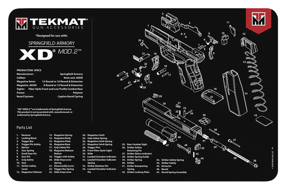 Springfield Armory XD MOD 2 Cleaning Mat with Parts Diagram - 11"x17" Black/White Rubber