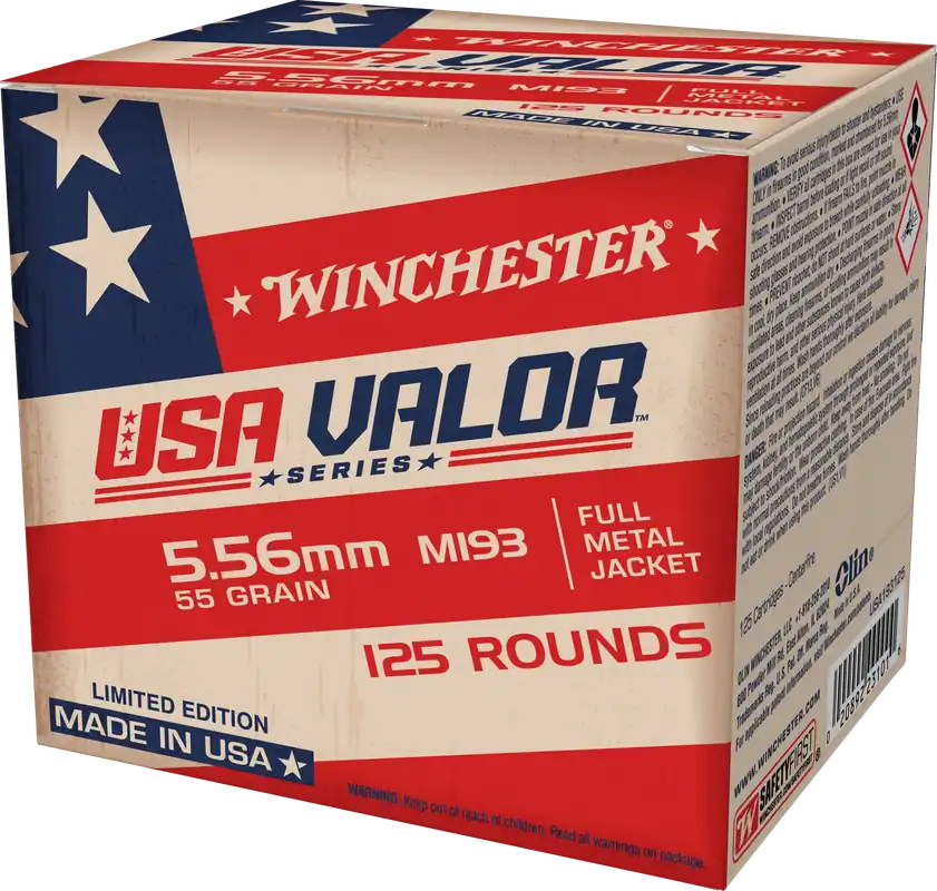 Winchester USA Valor M193 5.56x45mm NATO 55gr FMJ Ammo - 125 Rounds per Box