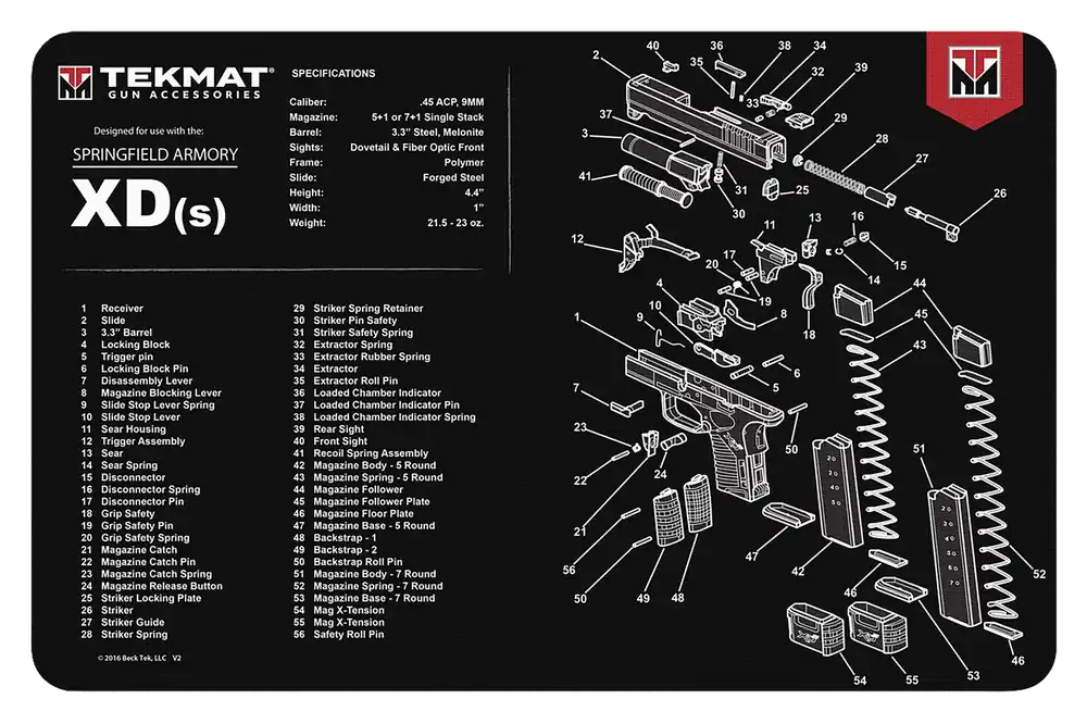 Springfield Armory XDs Cleaning Mat with Parts Diagram - 11"x17" Rubber Mat in Black/White