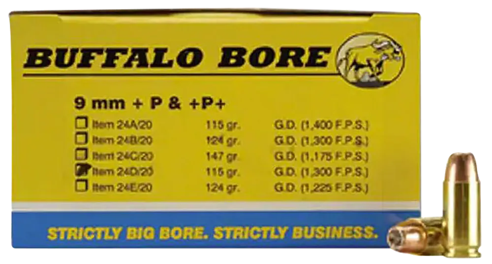 Buffalo Bore 9mm Luger +P 115gr JHP Personal Defense Ammo - 20 Rounds