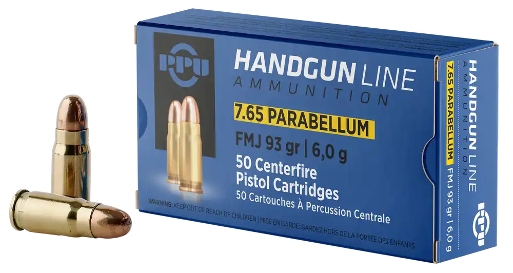 PPU PPH765P 7.65x21mm Parabellum 93gr FMJ Handgun Ammo - 50/Box, 20/Case