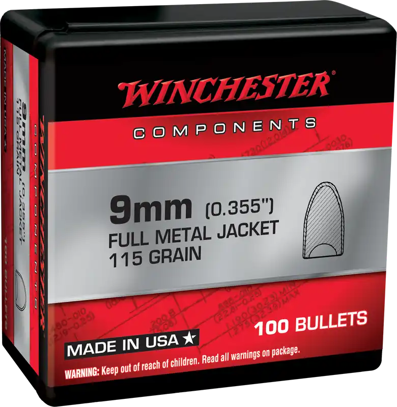 Winchester 9mm 115gr FMJ Flat Base Ammo - 100 Rounds per Box