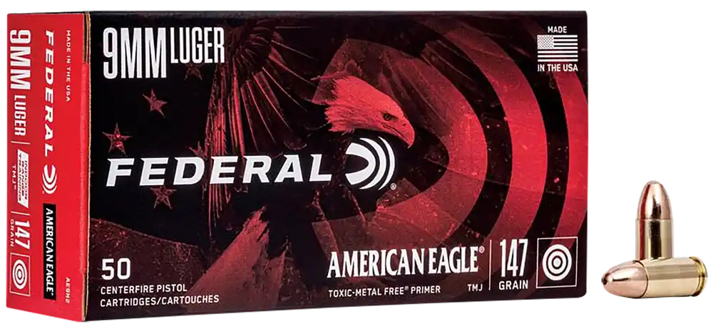Federal AE9N2 American Eagle 9mm Luger 147gr TMJ Indoor Range Training Ammo - 50 Rounds/Box, 20 Boxes/Case