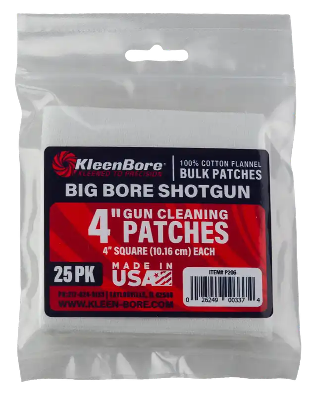 KleenBore P206 Super Shooter: 4" Cotton Flannel for Shotguns & Launchers - 25 Pack
