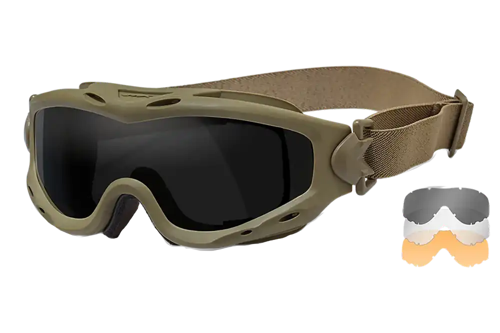 Wiley X SP293T Spear Goggles with Smoke Gray, Clear, and Light Rust Lenses in Tan Frame