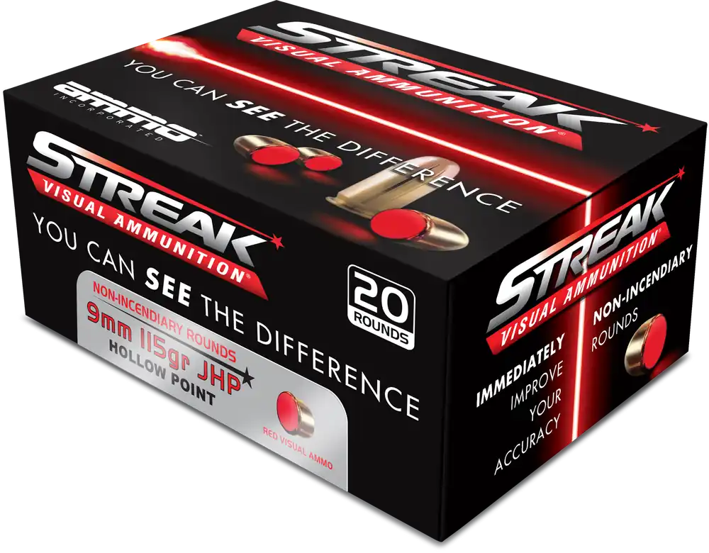 Ammo Inc 9115JHPSTRKRED Streak Visual RED 9mm Luger 115gr JHP 20/Box 10/Case