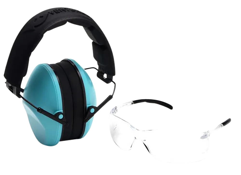 Pyramex VGCOMBO410 Low-Profile Kit: Scratch Resistant Clear Lens & Frame with Powder Blue Earmuffs