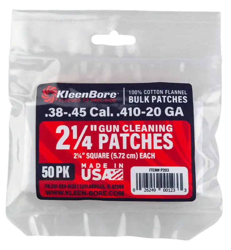 KleenBore P203 Super Shooter Cotton Flannel Gun Cleaning Patches - .38/.45 Cal & 20/.410 Gauge, 50 Pack