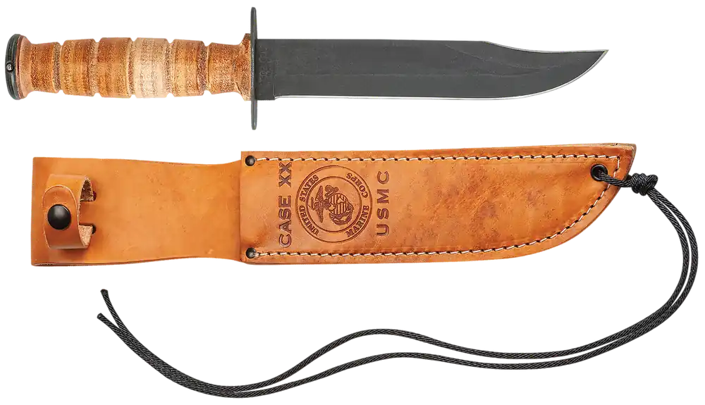 Case 00334 USMC 7" Fixed Blade Knife with Blackened 1095 Carbon Steel and Leather Handle