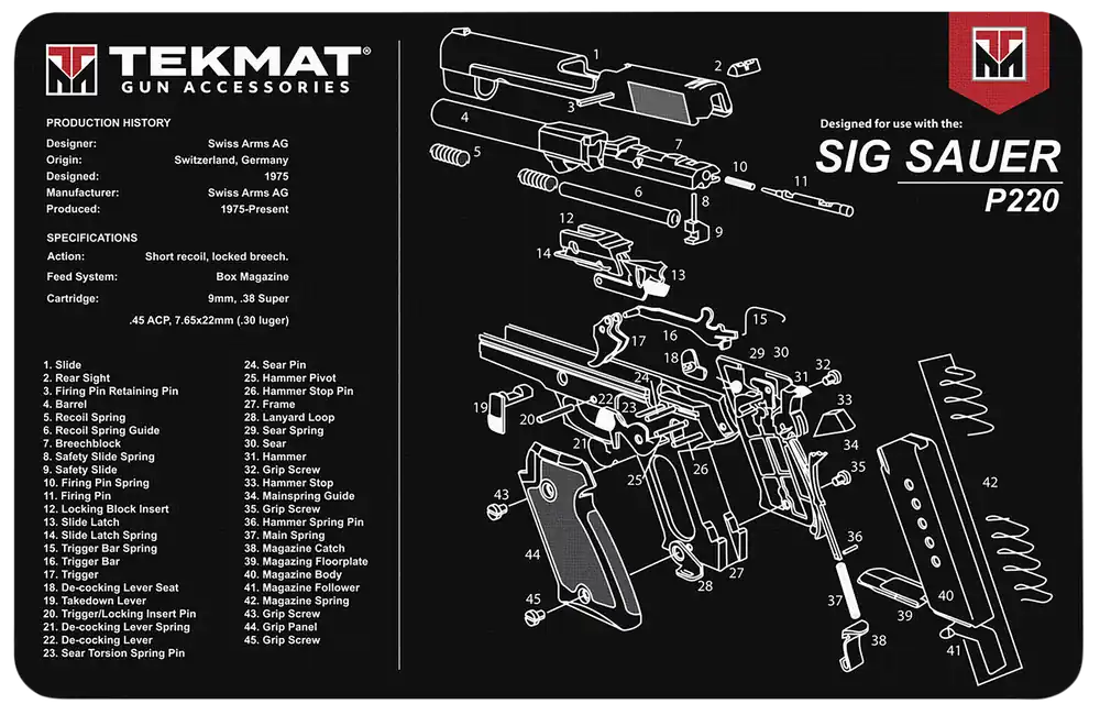 Sig Sauer P220 Cleaning Mat with Parts Diagram - 11"x17" Black/White Rubber