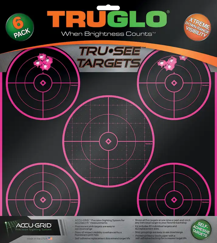 TruGlo TG11P6 Tru-See 5-Bull Self-Adhesive Target Pack - 12"x12" Black/Pink (6 Count)