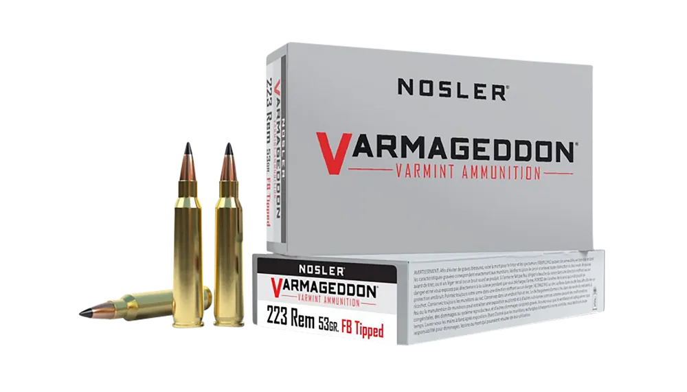 Nosler Varmageddon .223 Rem 53gr Flat Base Tipped Ammo - 20 Rounds Per Box
