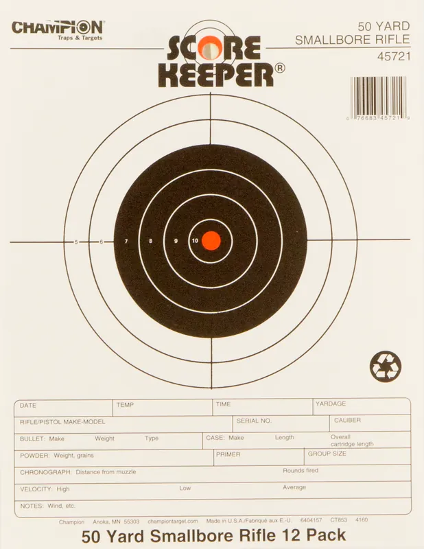 Champion Targets 45721 Bullseye Paper Score Keeper for Small Bore Rifle, 50 Yards, 8.50" x 11", Black/Orange, 12 Pack