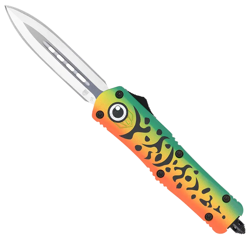CobraTec FS-3 OTF Dagger with Green Fishing Lure Handle and Satin D2 Blade