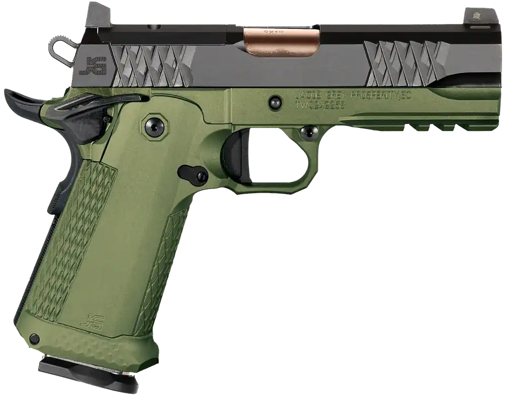 Jacob Grey Firearms TWC9EDG 9mm Luger Pistol with Black Bull Barrel and Duty Green Frame