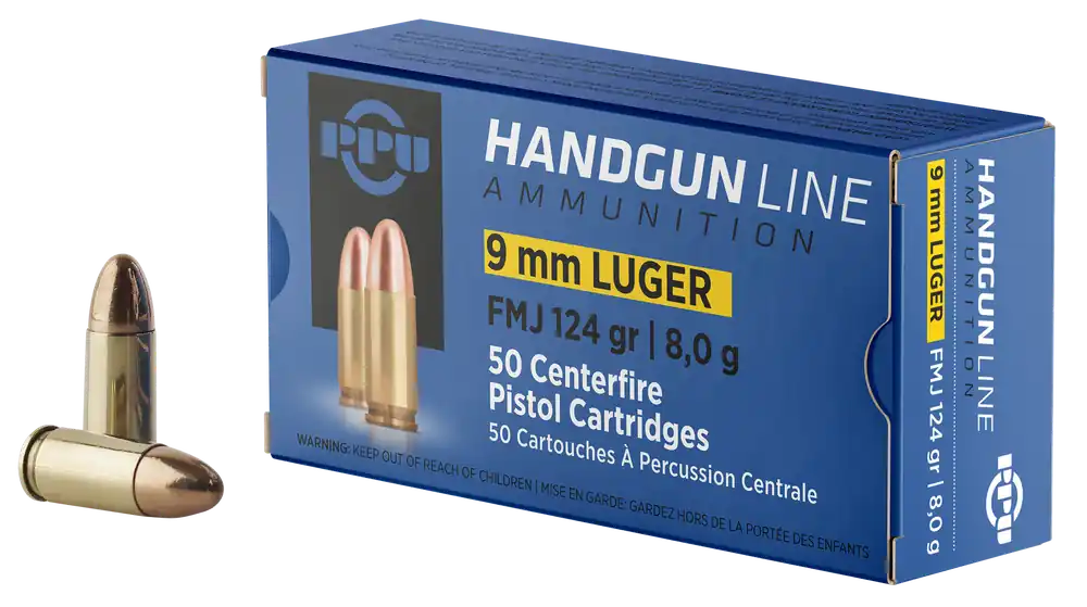 PPU PPH9F2 9mm Luger 124gr FMJ Handgun Ammo - 50 Rounds per Box, 20 Boxes per Case