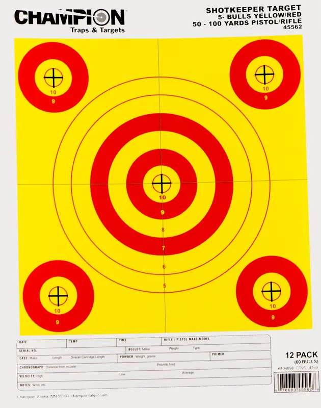 Champion 45562 Shotkeeper 5-Bullseye Target for Pistol/Rifle 50-100 Yds, Yellow/Red, 12 Pack