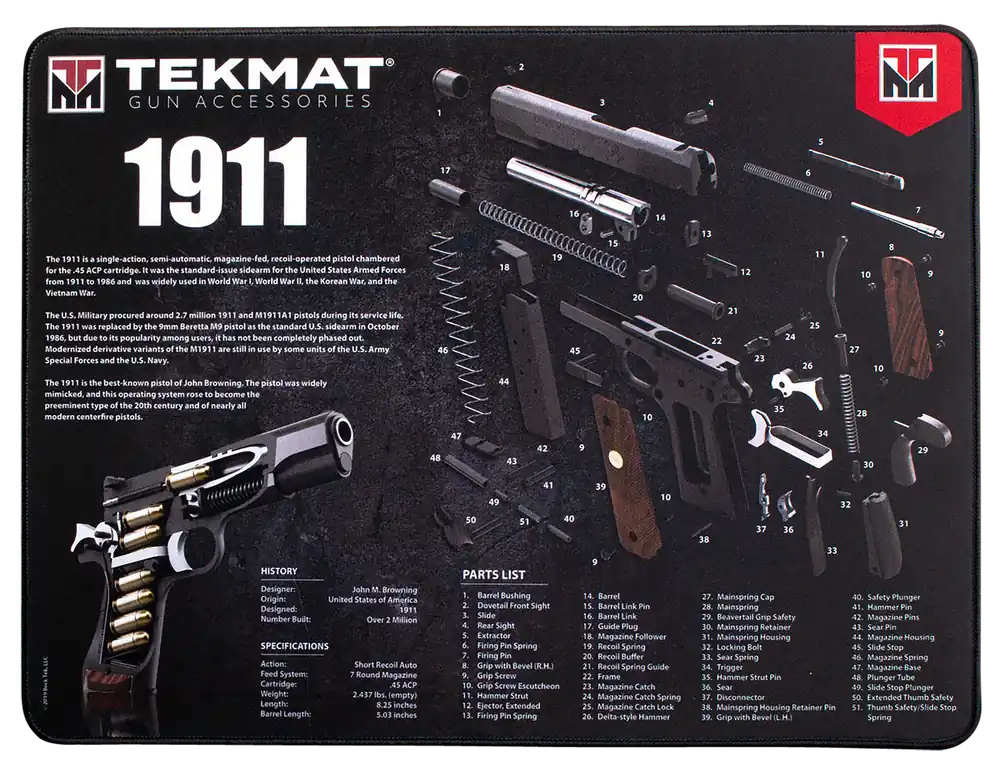 TekMat Ultra 20 Cleaning Mat - 1911 Parts Diagram, Black/White Rubber, 15"x20"