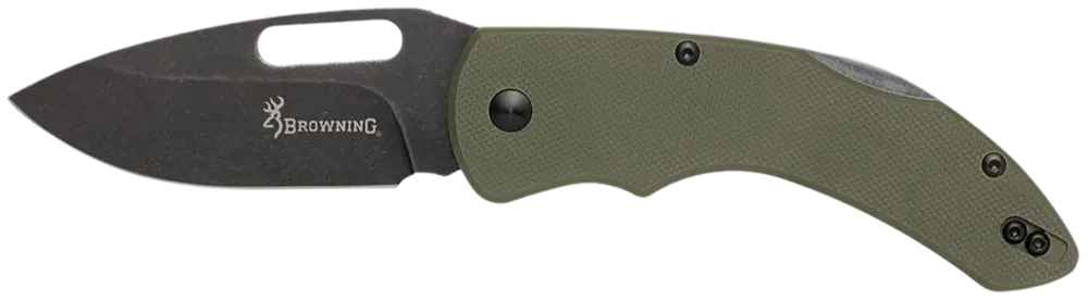 Browning 3220506 Hidden Hollow EDC Large 3" Folding Drop Point Plain Black Oxide Stonewashed D2 Steel Blade, OD Green G10 Handle