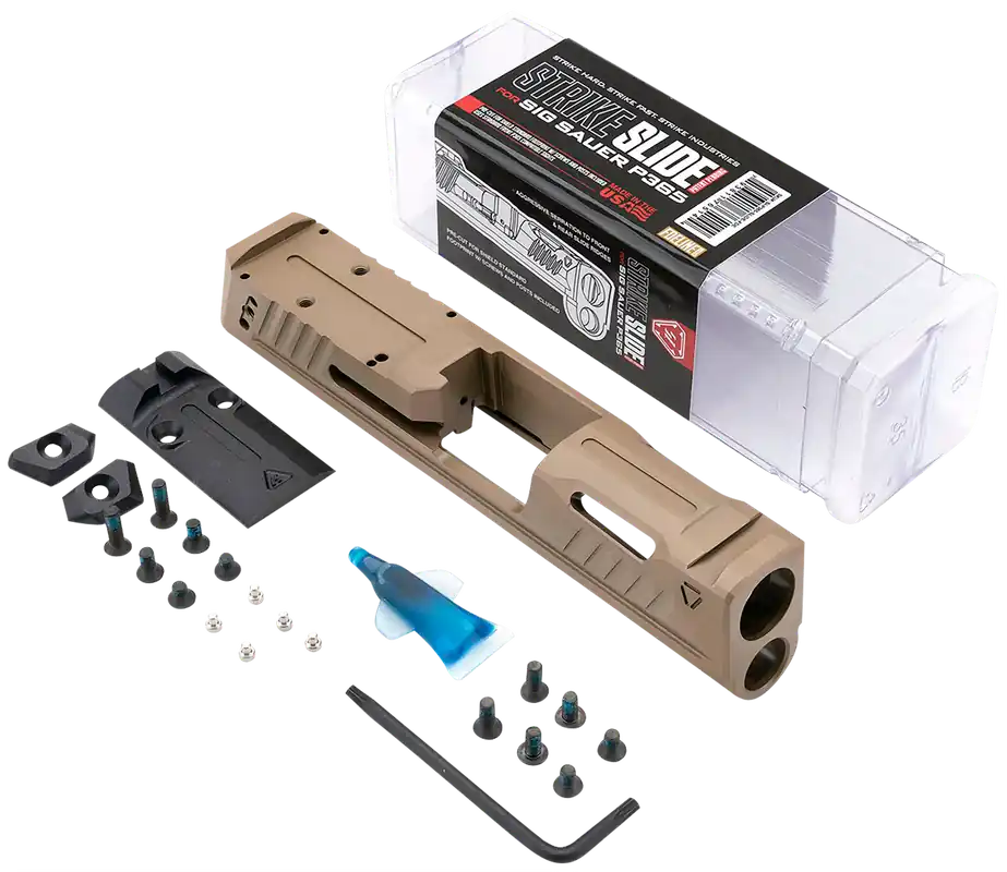 Strike Industries P365 Replacement Slide FDE Stainless Steel with Ports & Optics Cut for Sig P365 + Charging Handle