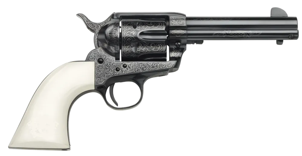 Taylors & Company 1873 Cattleman Outlaw Legacy .357 Mag Revolver, 4.75" Barrel, 6rd, Blued Engraved Finish, Ivory Grip