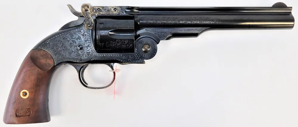 Taylors & Company Schofield 45 Colt Revolver, 7" Barrel, 6rd, Blued Engraved Finish, Walnut Grip