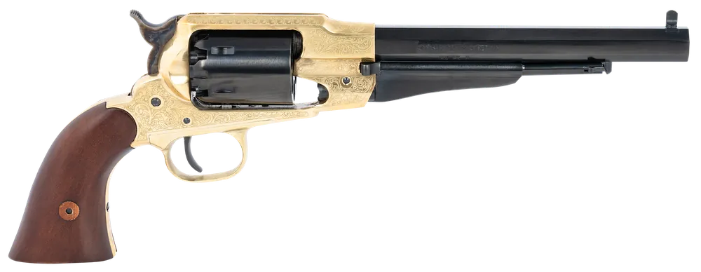 Pietta 1858 .44 Cal Revolver, 8" Blued Barrel, Engraved Brass Frame, Walnut Grip