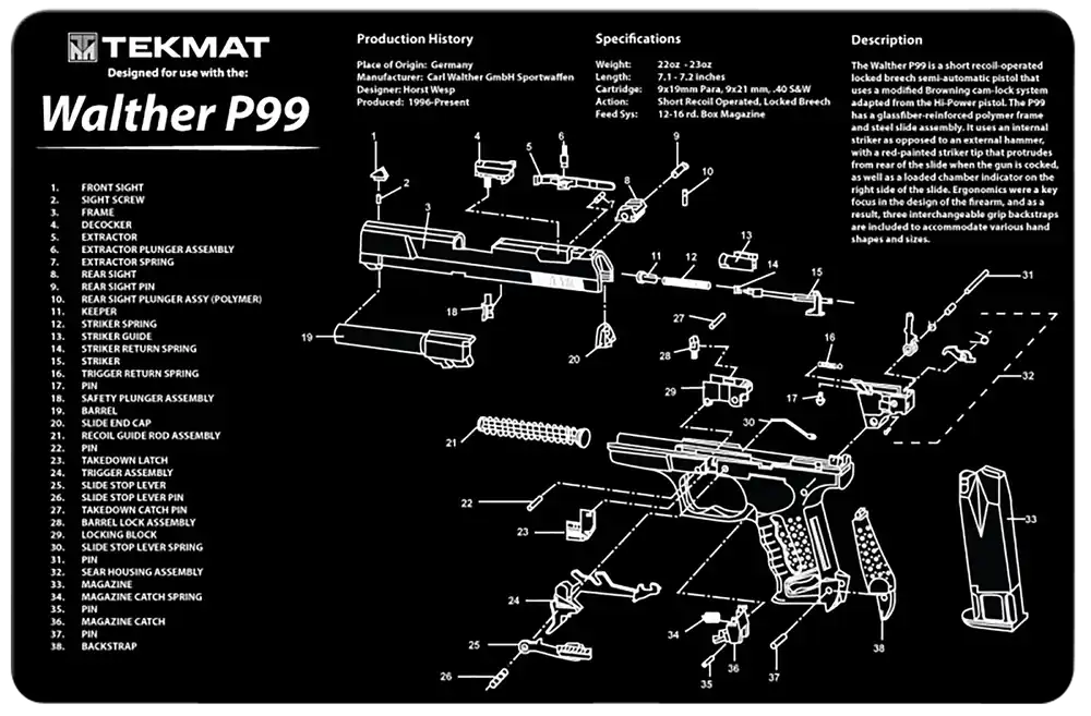 Walther P99 Cleaning Mat with Parts Diagram - 11"x17" Black/White Rubber